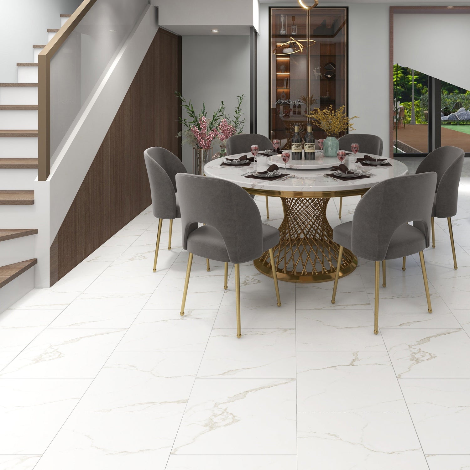 »Carrara Marmor« SPC Vinylboden Unique im modernen Esszimmer