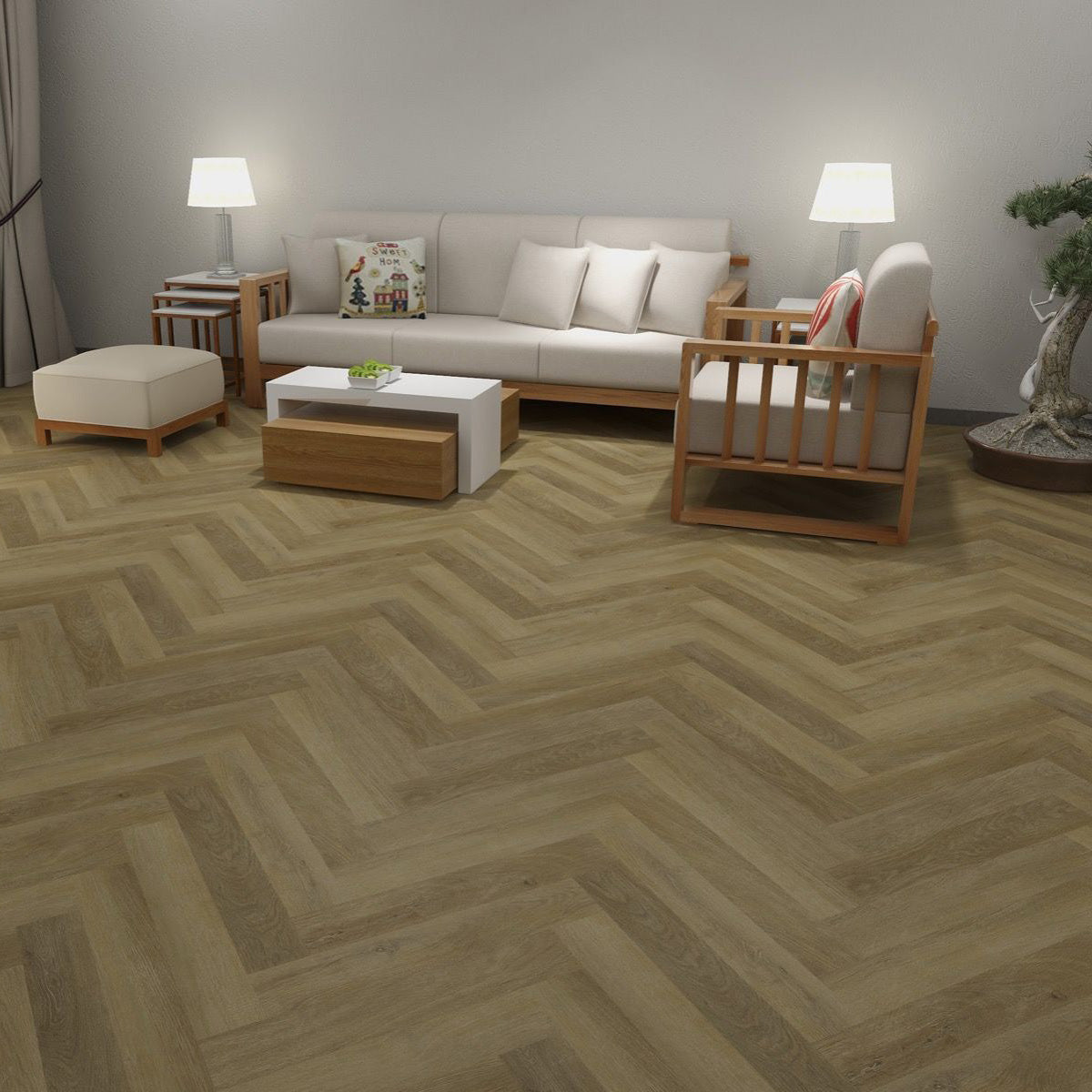 »Eiche Calathea« SPC Vinylboden Unique Holzoptik im Fischgrät Design  Wohnzimmer